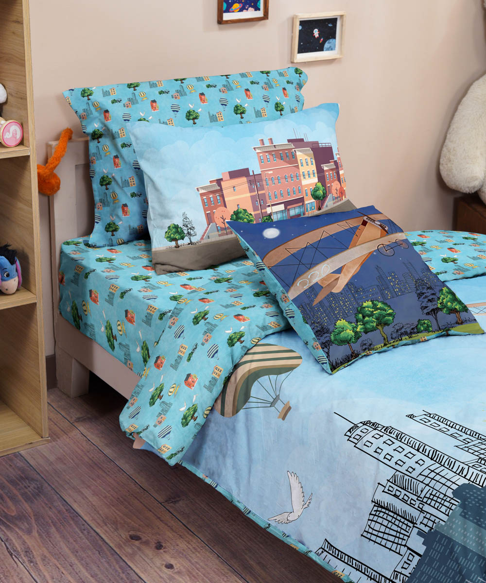 100% Cotton Digital Printed Blue Cityscape Comforter