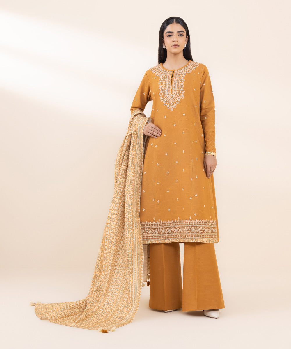 Women's Unstitched Khaddar Embroidered Orange 2 Piece Suit