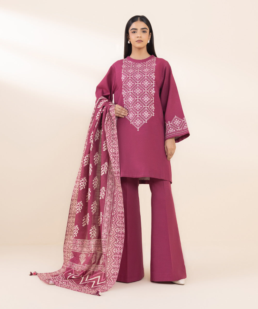 Women's Unstitched Khaddar Embroidered Pink 2 Piece Suit