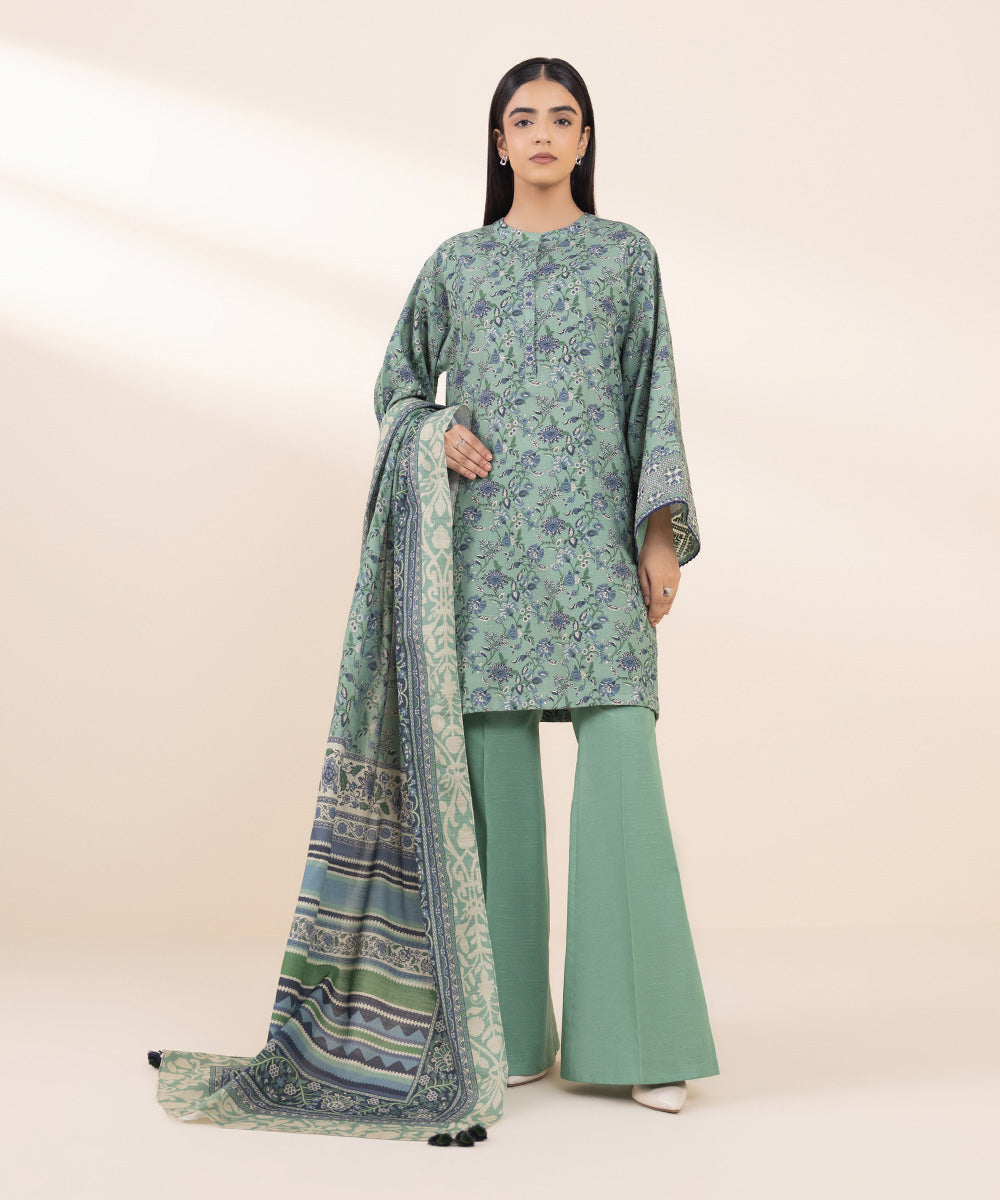 Women's Unstitched Khaddar Embroidered Green 2 Piece Suit