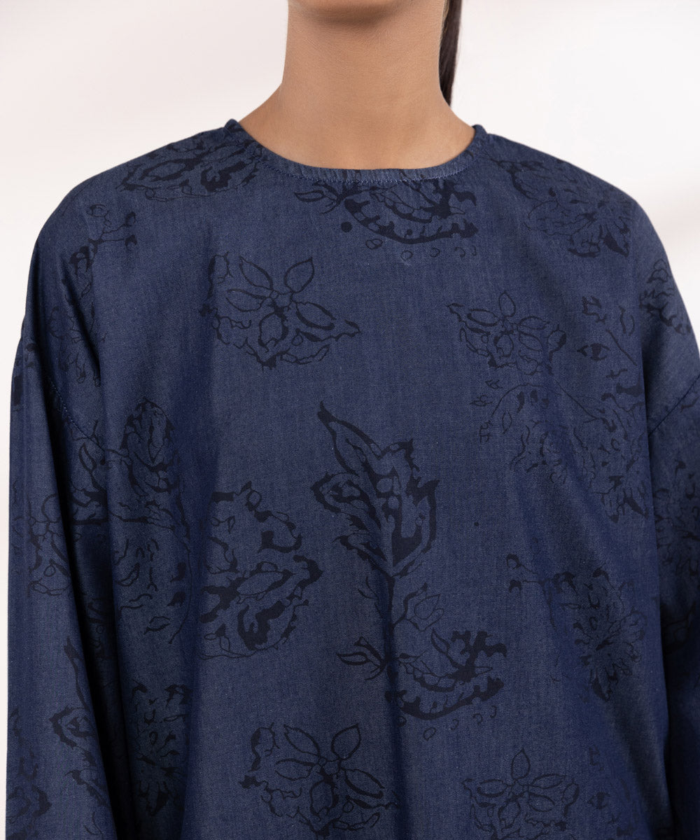 Women's Pret Denim Blue Printed Boxy Shirt