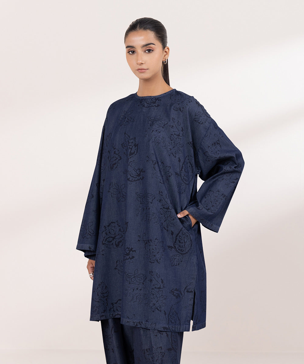 Women's Pret Denim Blue Printed Boxy Shirt