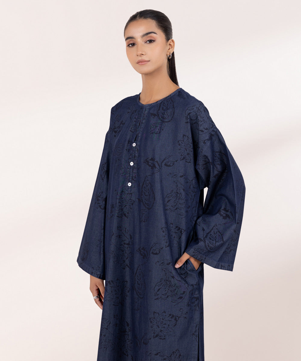 Women's Pret Denim Blue Printed Boxy Shirt