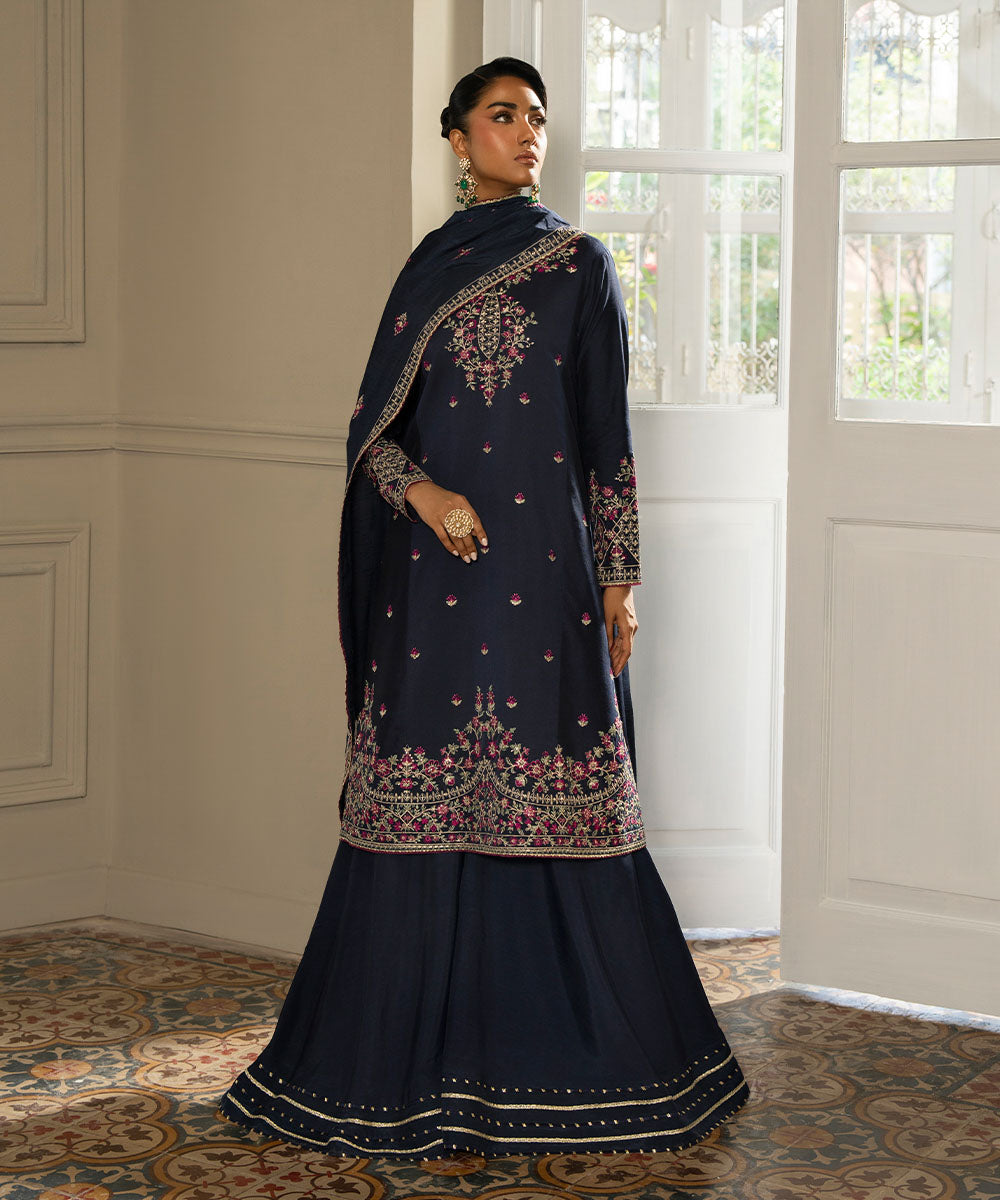 Women's Unstitched Midnight Blue Cotton Net Three Piece Suit