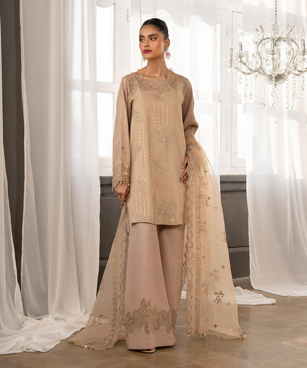 Women's Unstitched Sand Brown Raw Silk Three Piece Suit