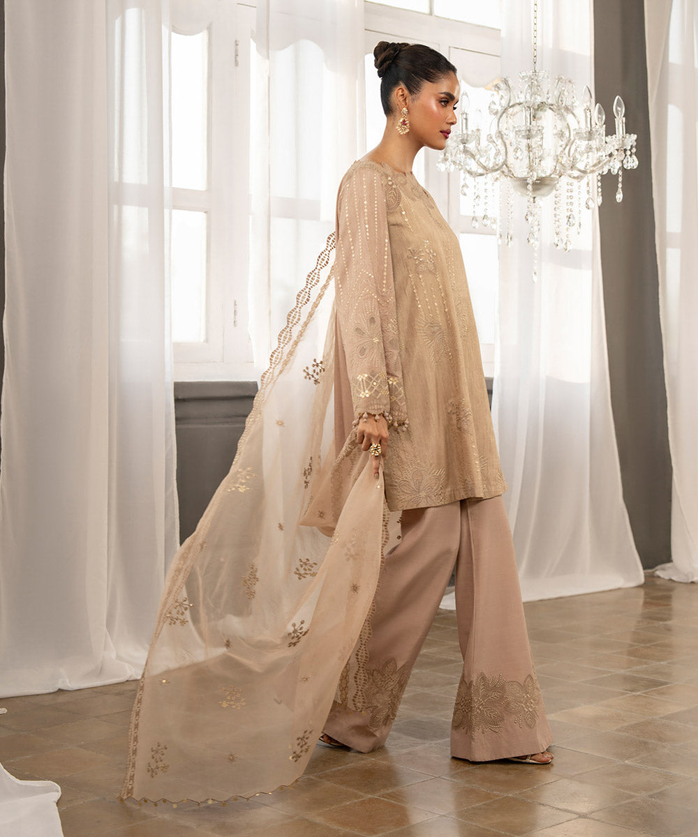 Women's Unstitched Sand Brown Raw Silk Three Piece Suit