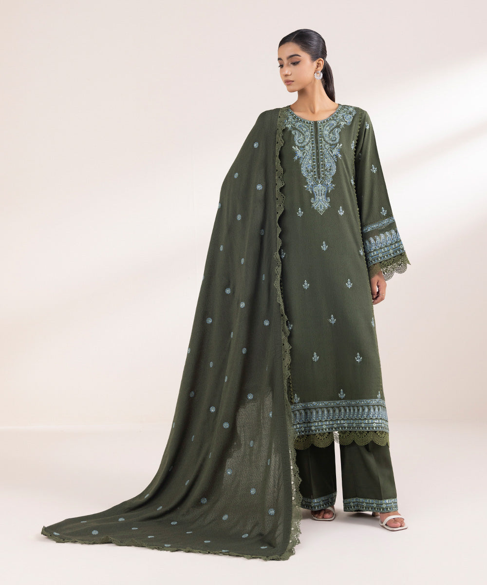 Women's Pret Solid Embroidered Basil Green Cotton Karandi Dupatta