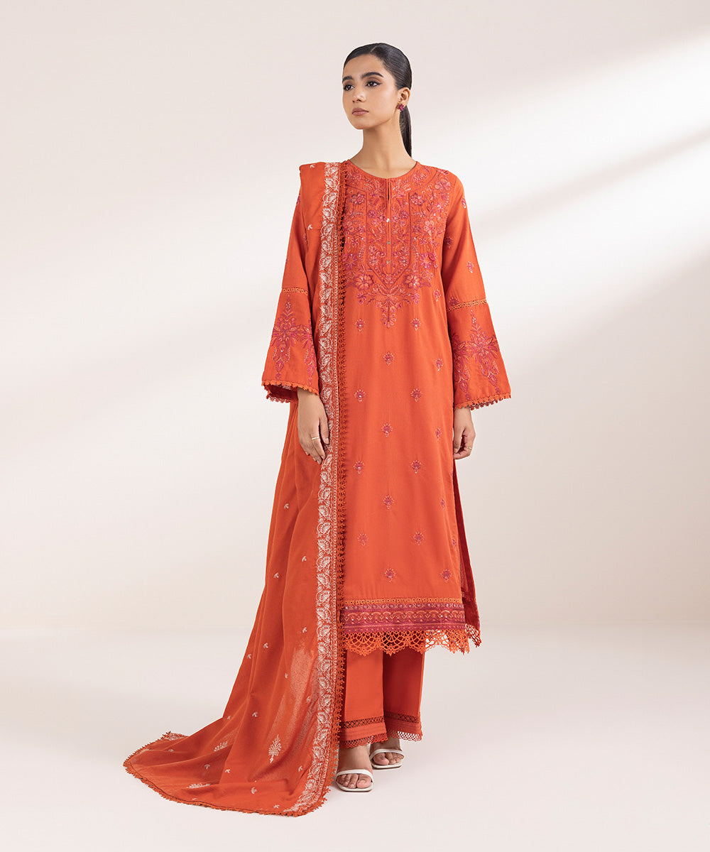 Women's Pret Solid Embroidered Tangerine Cotton Karandi Dupatta