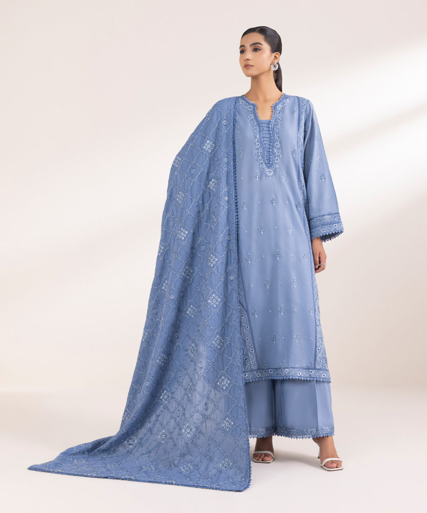 Women's Pret Solid Embroidered Blue Grey Cotton Karandi Dupatta