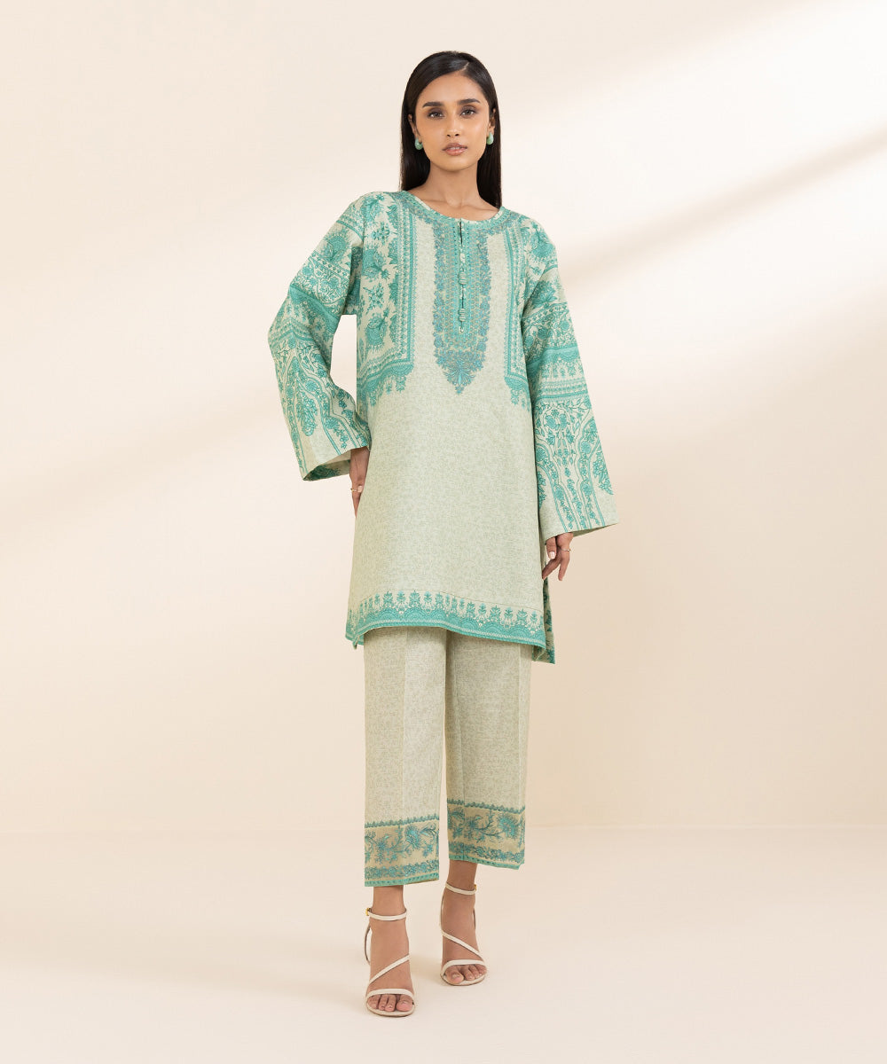 Women's Unstitched Cambric Green Embroidered 2 Piece Suit