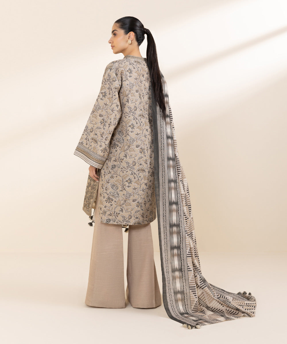 Women's Unstitched Light Khaddar Beige Embroidered 3 Piece Suit 