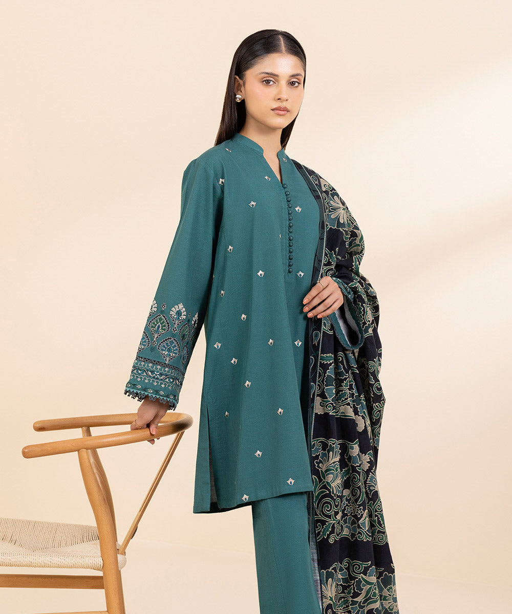 Women's Unstitched Khaddar Embroidered Green 3 Piece Suit