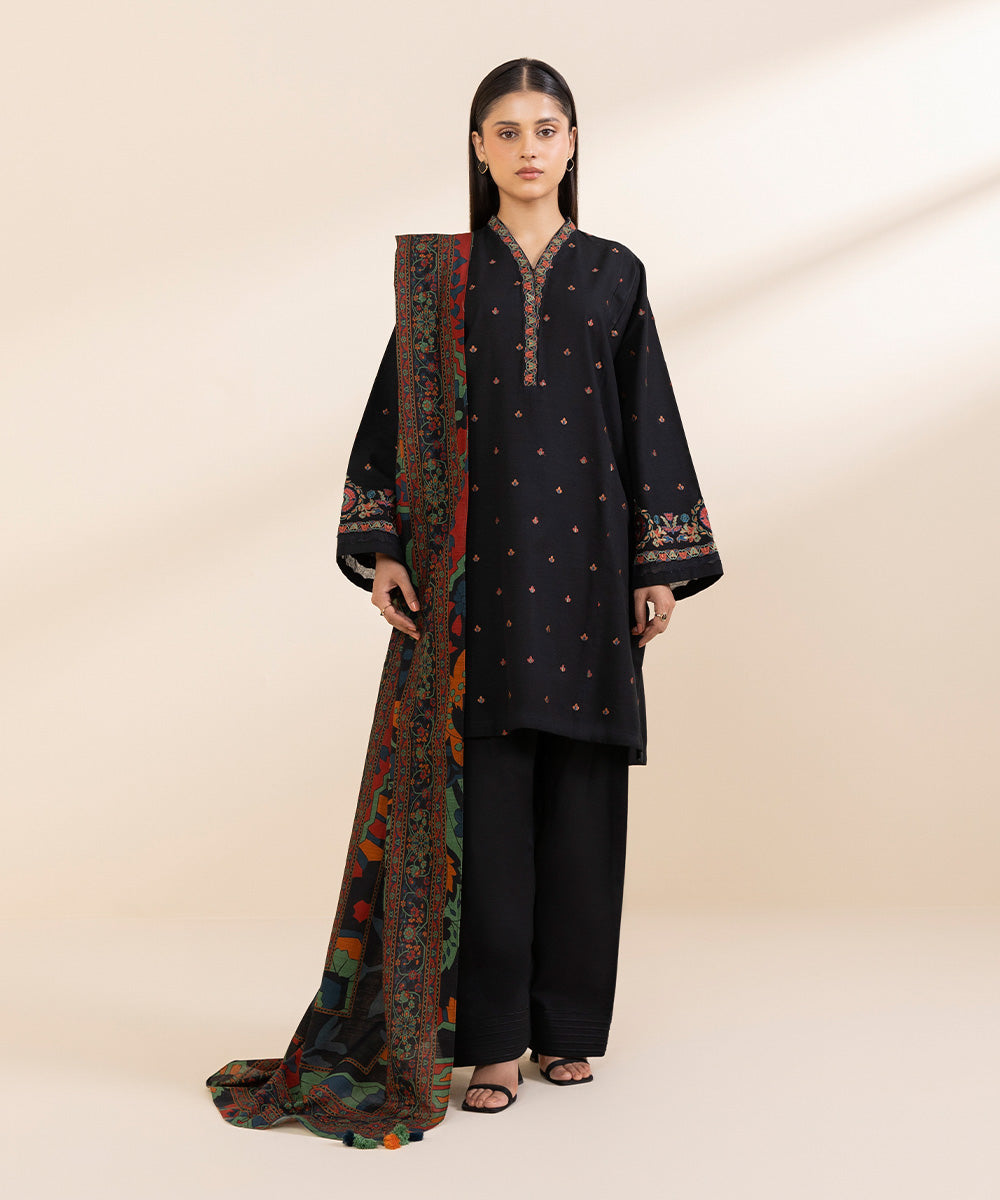 Women's Unstitched Khaddar Embroidered Black 3 Piece Suit