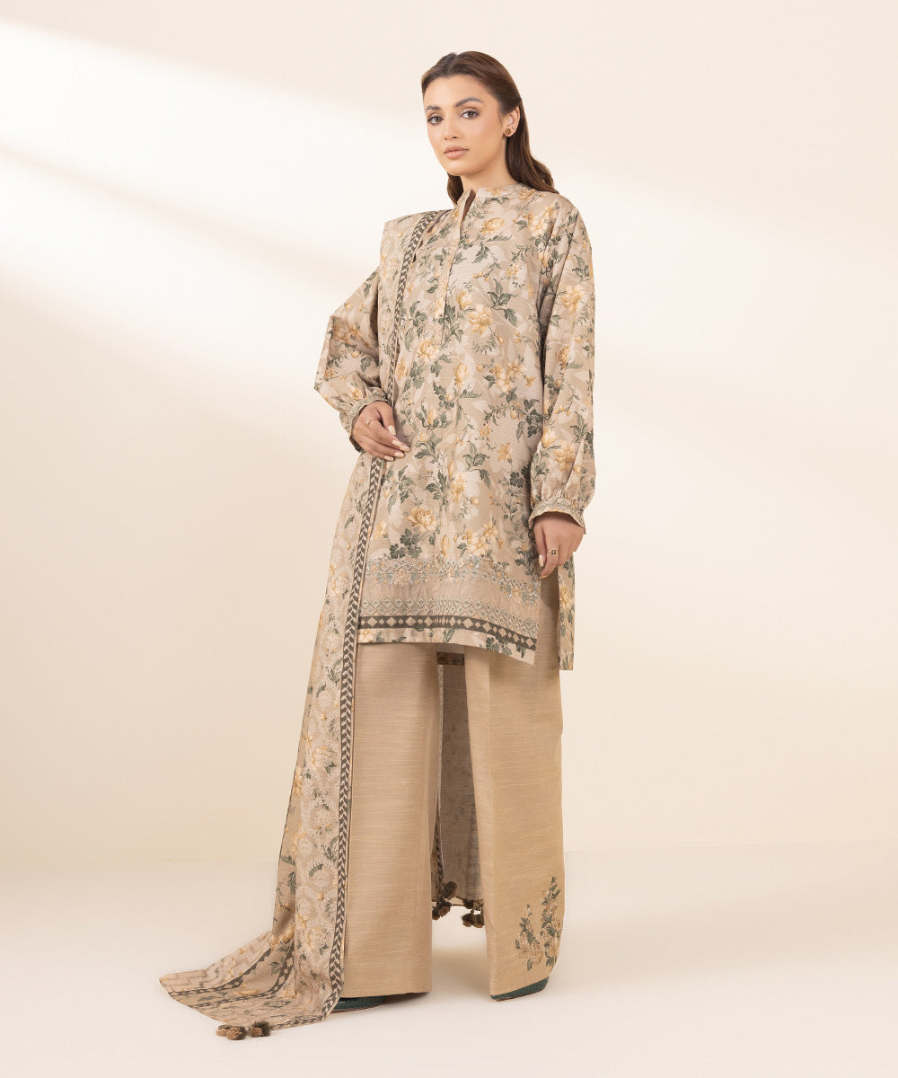 Women's Unstitched Khaddar Embroidered Beige 3 Piece Suit