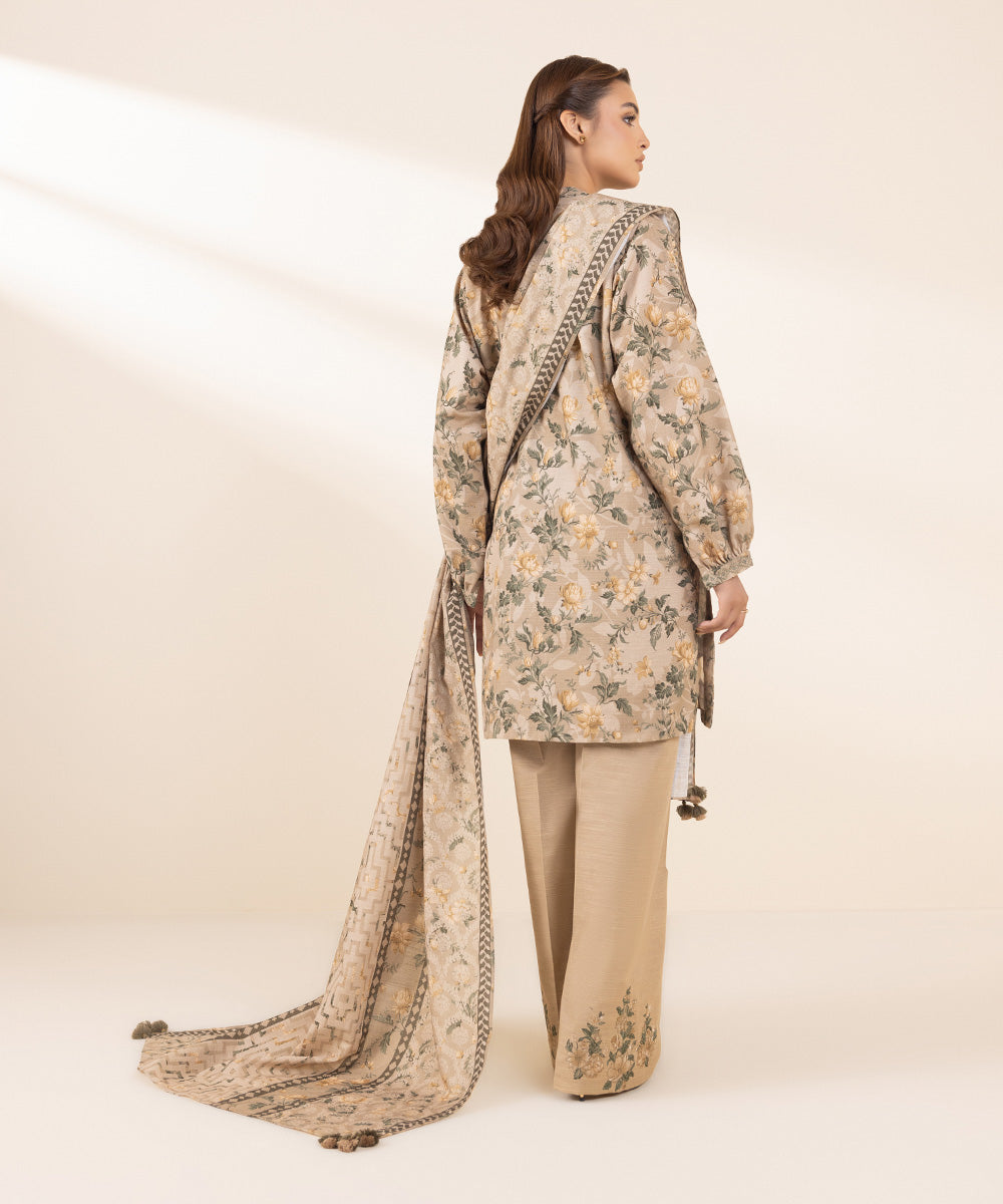 Women's Unstitched Khaddar Embroidered Beige 3 Piece Suit