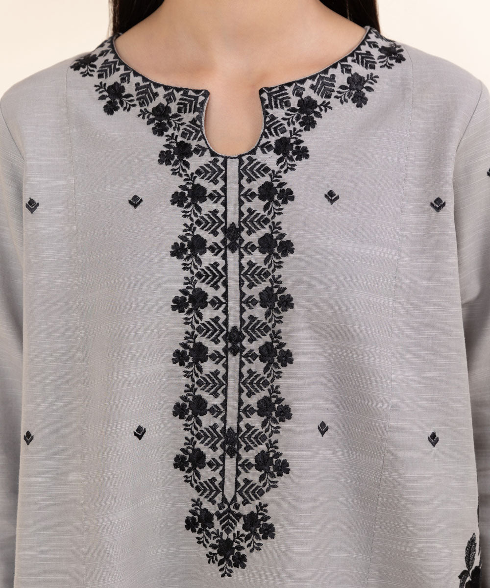 Women's Unstitched Light Khaddar Grey Embroidered 3 Piece Suit