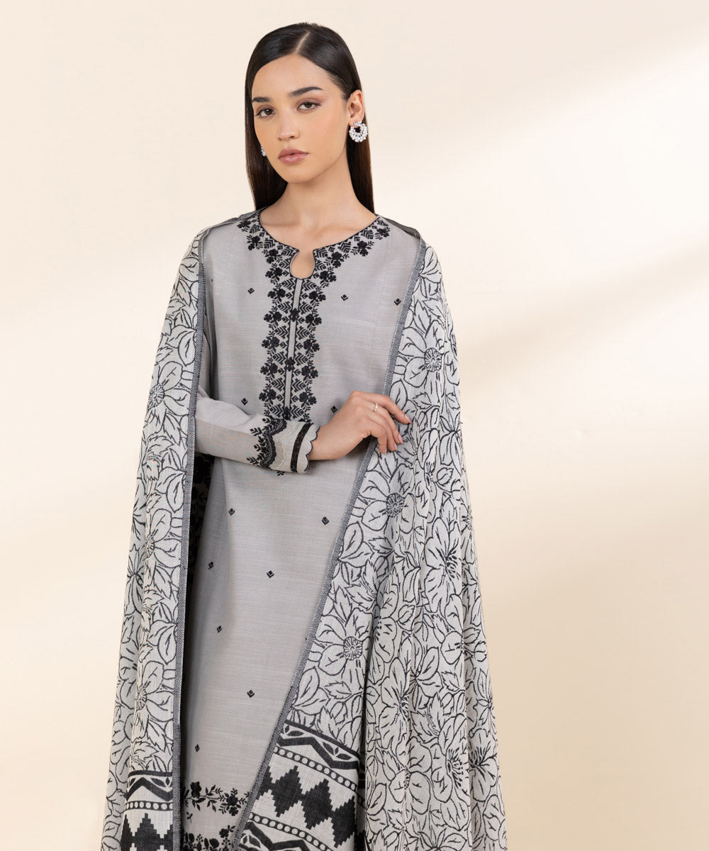 Women's Unstitched Light Khaddar Grey Embroidered 3 Piece Suit