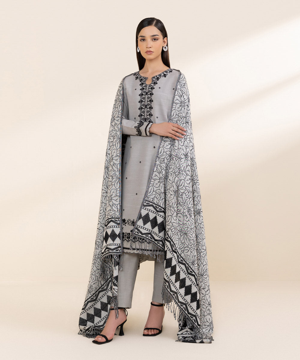 Women's Unstitched Light Khaddar Grey Embroidered 3 Piece Suit