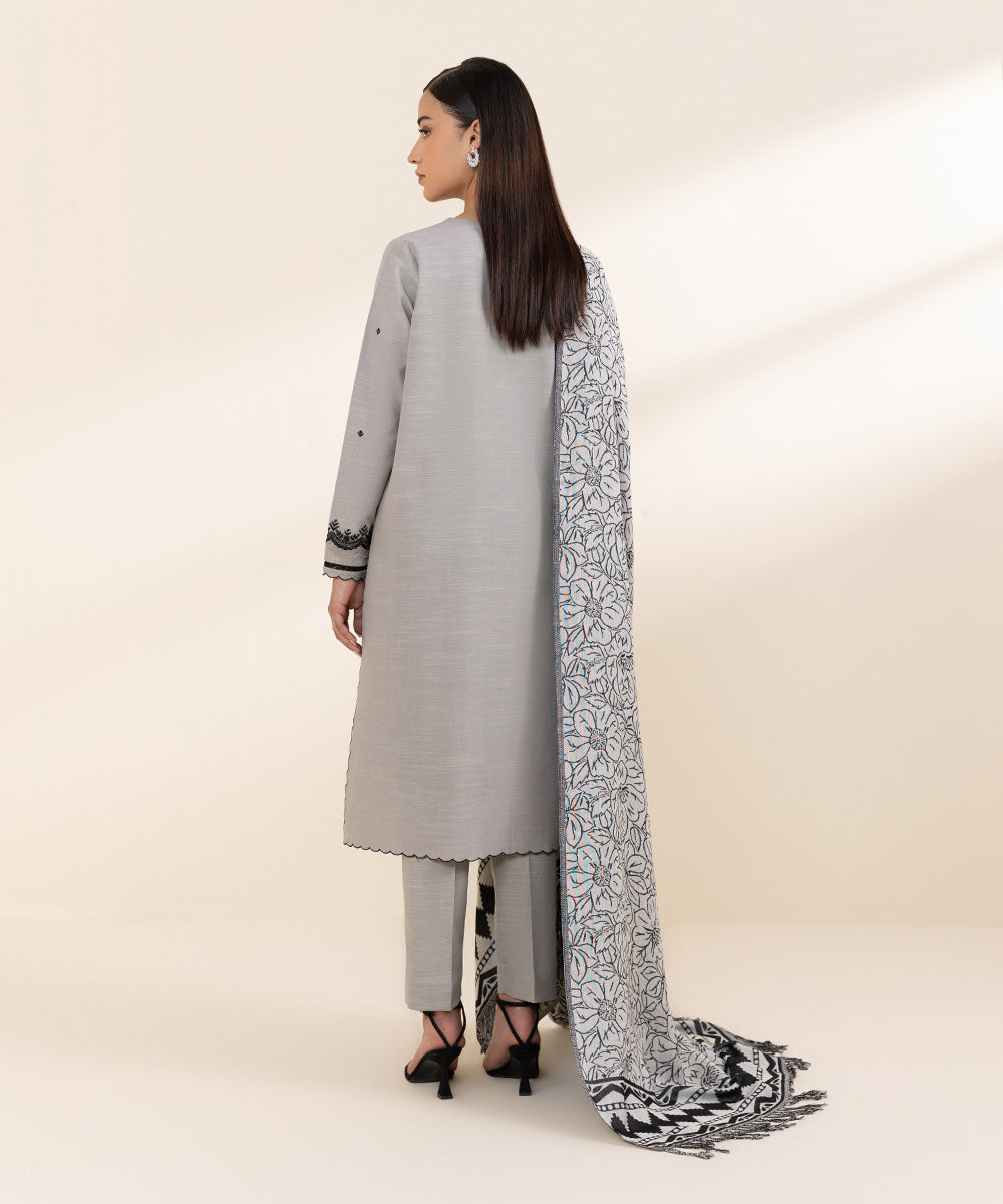 Women's Unstitched Light Khaddar Grey Embroidered 3 Piece Suit