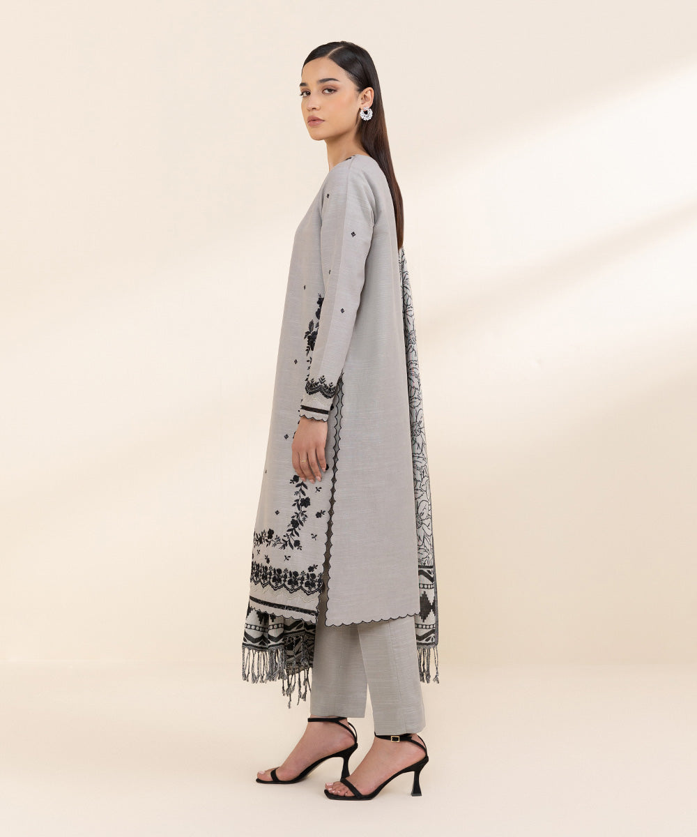 Women's Unstitched Light Khaddar Grey Embroidered 3 Piece Suit