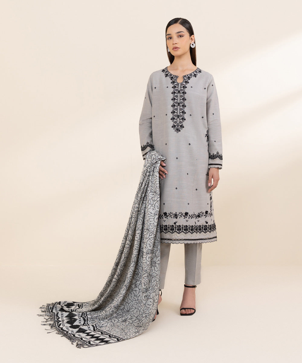 Women's Unstitched Light Khaddar Grey Embroidered 3 Piece Suit