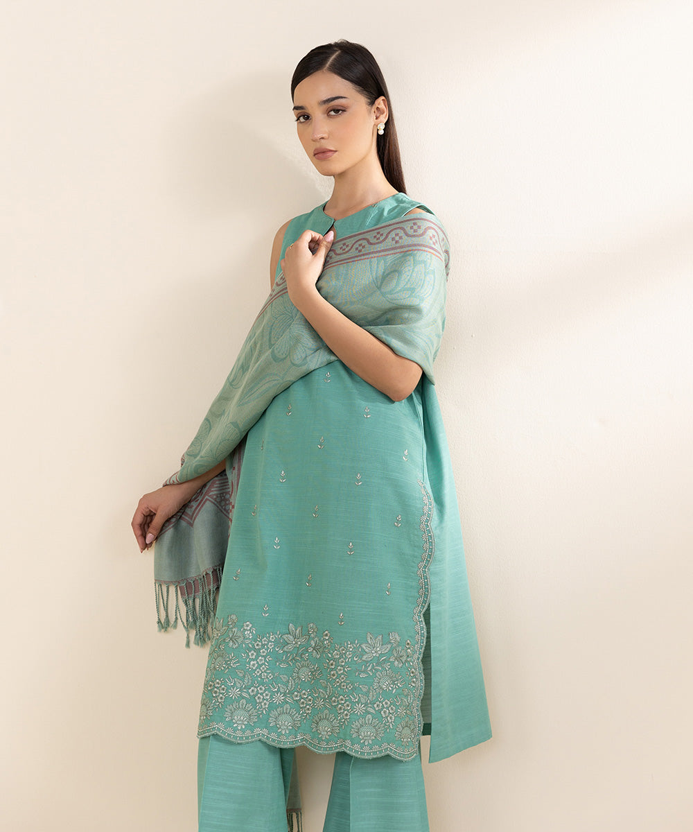 Women's Unstitched Cambric Embroidered Green 3 Piece Suit