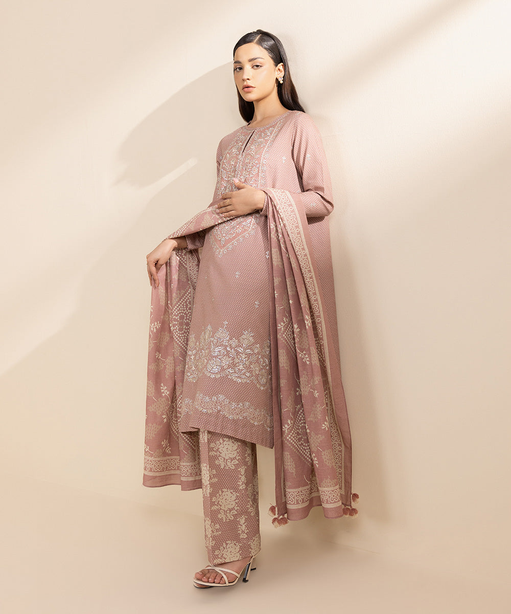 Women's Unstitched Cambric Pink Embroidered 3 Piece Suit