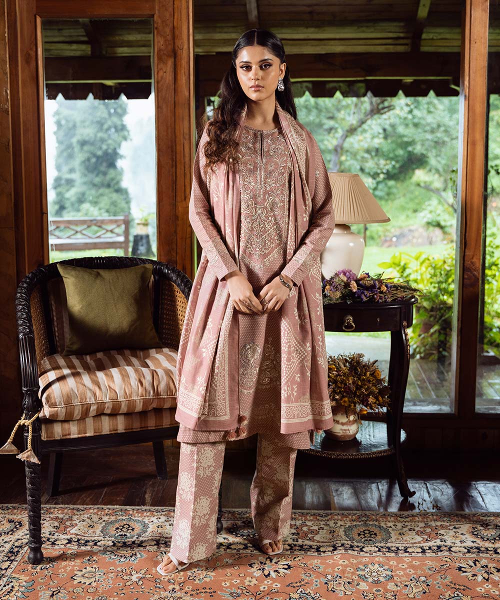 Women's Unstitched Cambric Pink Embroidered 3 Piece Suit