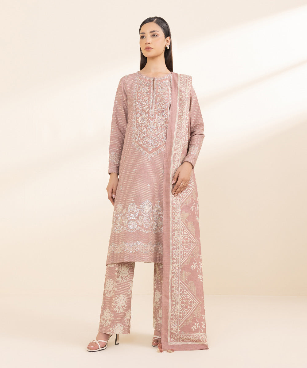 Women's Unstitched Cambric Pink Embroidered 3 Piece Suit