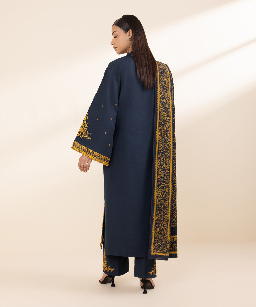 Women's Unstitched Light Khaddar Blue Embroidered 3 Piece Suit