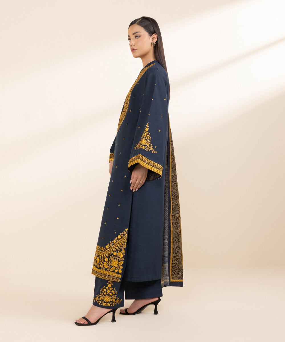 Women's Unstitched Light Khaddar Blue Embroidered 3 Piece Suit