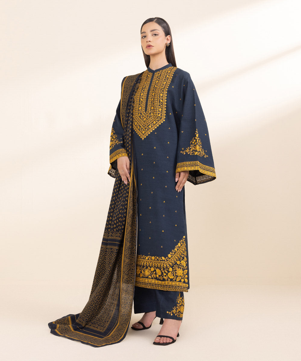 Women's Unstitched Light Khaddar Blue Embroidered 3 Piece Suit