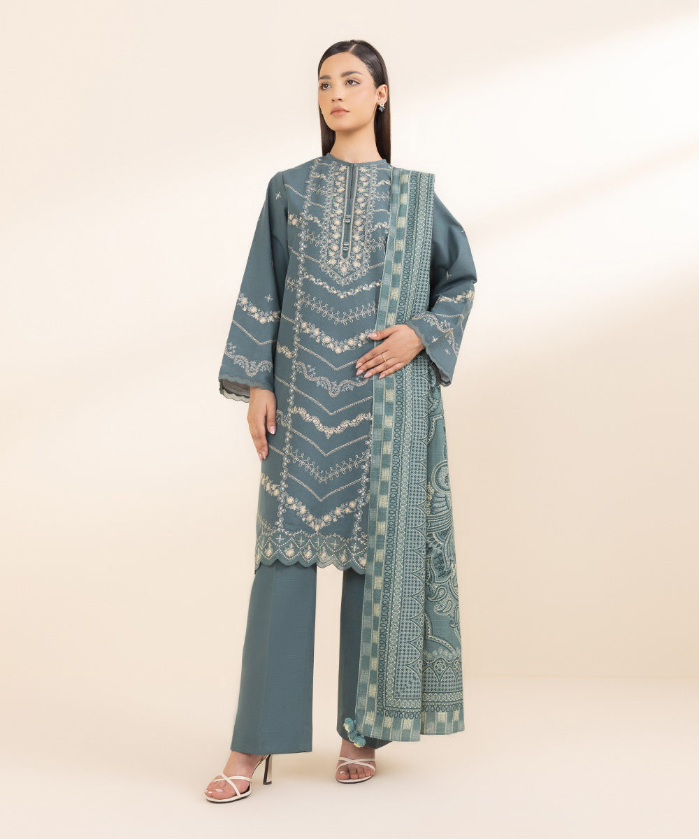 Women's Unstitched Cambric Blue Embroidered 3 Piece Suit