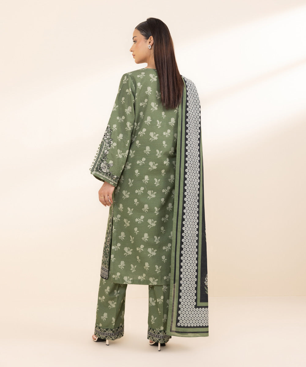 Women's Unstitched Cambric Green Embroidered 3 Piece Suit