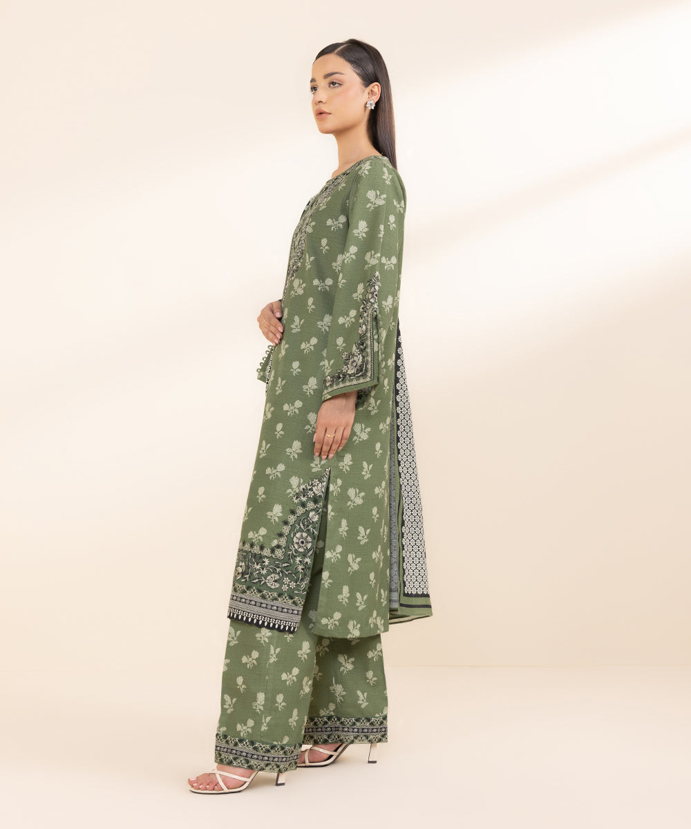 Women's Unstitched Cambric Green Embroidered 3 Piece Suit