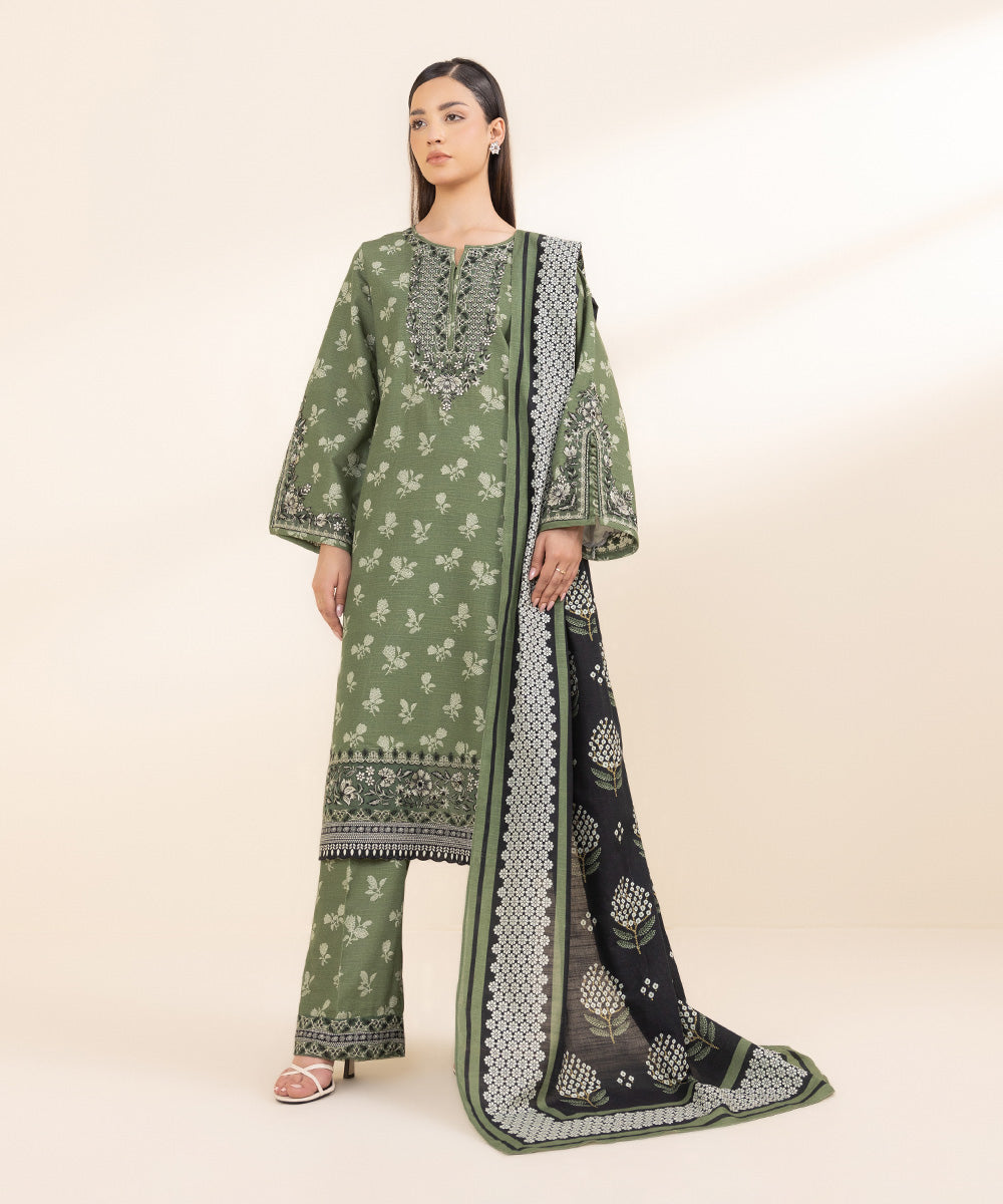 Women's Unstitched Cambric Green Embroidered 3 Piece Suit