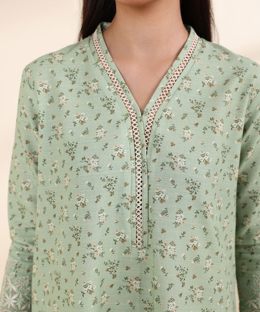 Women's Unstitched Cambric Green Embroidered 3 Piece Suit 