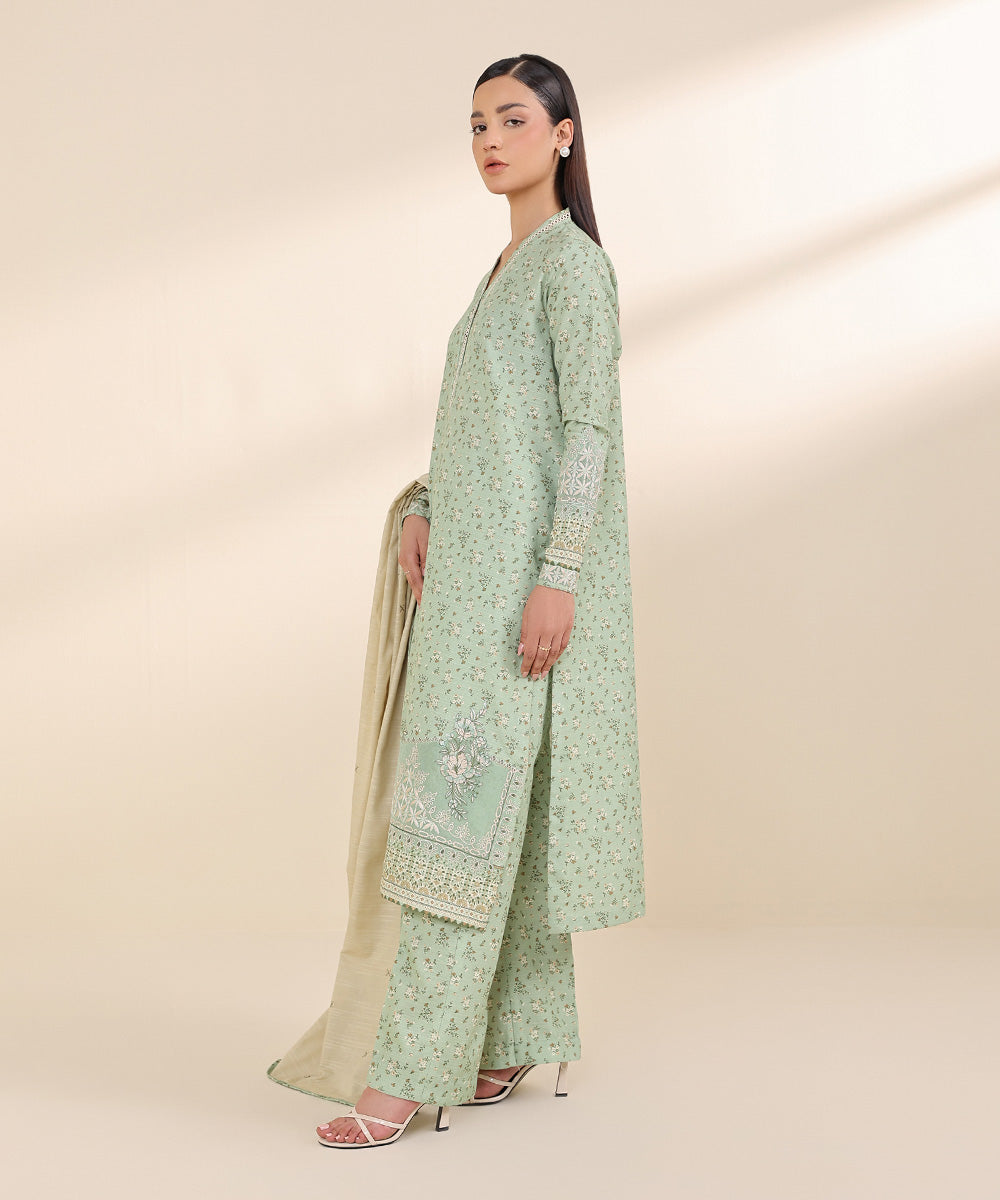 Women's Unstitched Cambric Green Embroidered 3 Piece Suit 