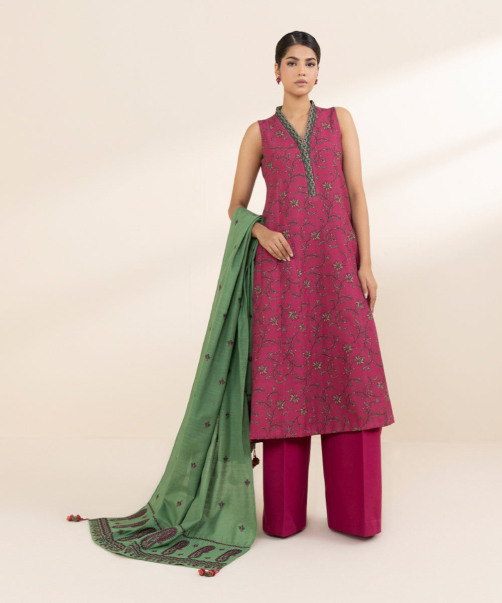 Women's Unstitched Light Khaddar Multi Embroidered 3 Piece Suit