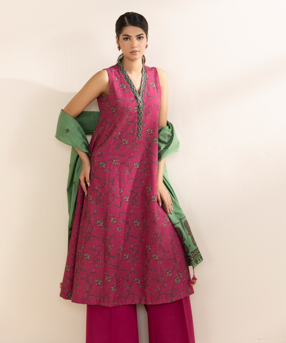 Women's Unstitched Light Khaddar Multi Embroidered 3 Piece Suit