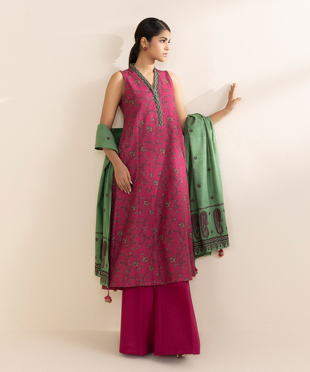 Women's Unstitched Light Khaddar Multi Embroidered 3 Piece Suit