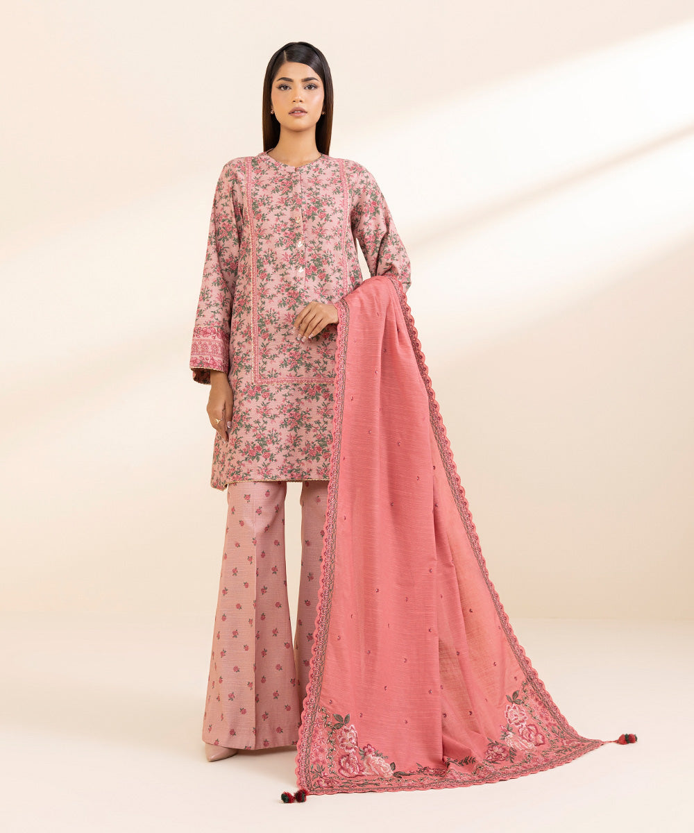 Women's Unstitched Khaddar Embroidered Pink 3 Piece Suit