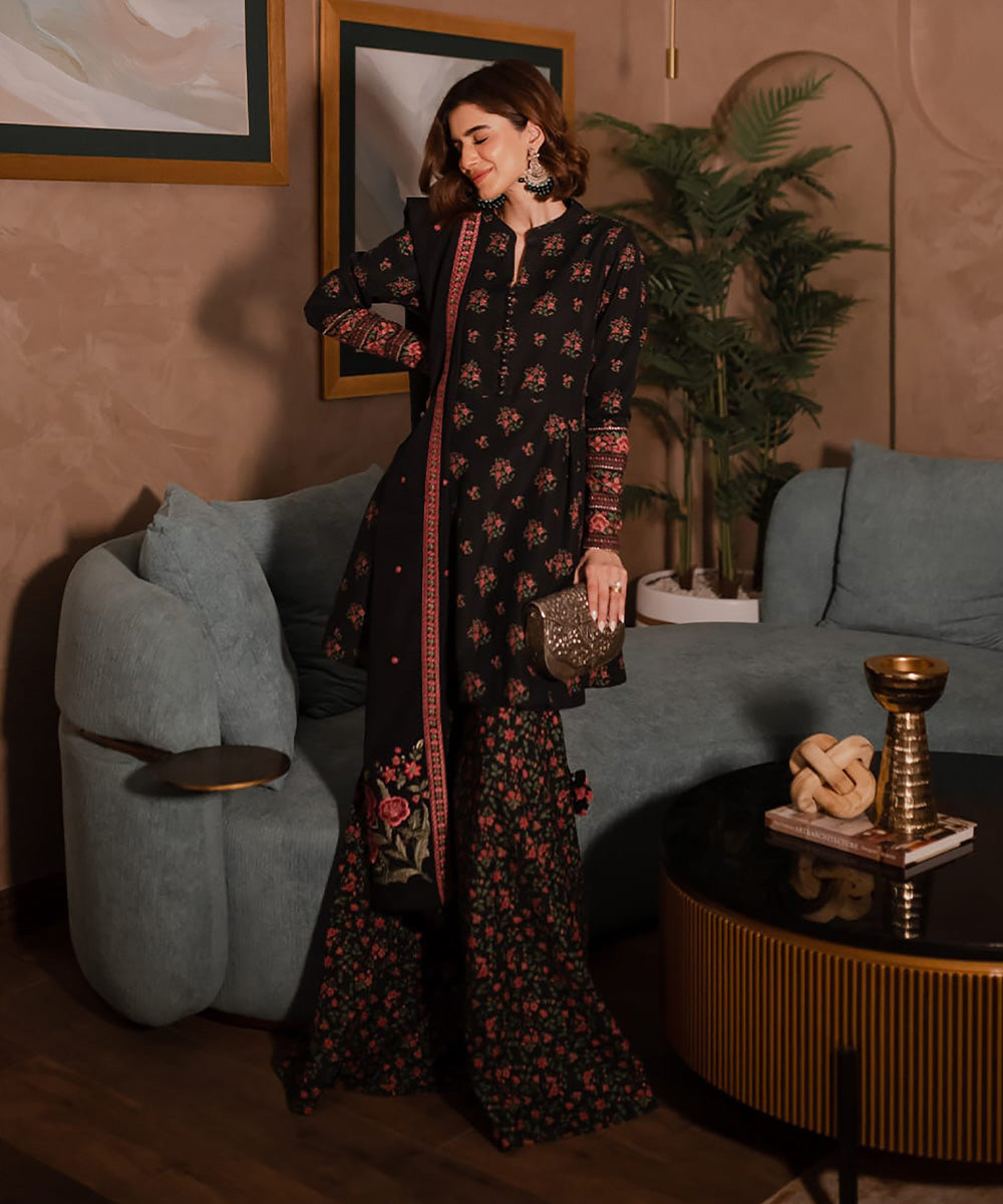 Women's Unstitched Khaddar Embroidered Black 3 Piece Suit