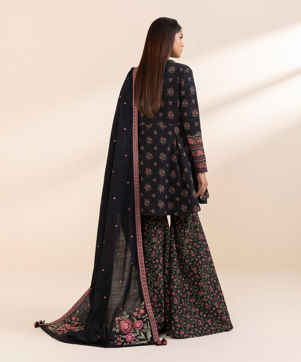 Women's Unstitched Khaddar Embroidered Black 3 Piece Suit