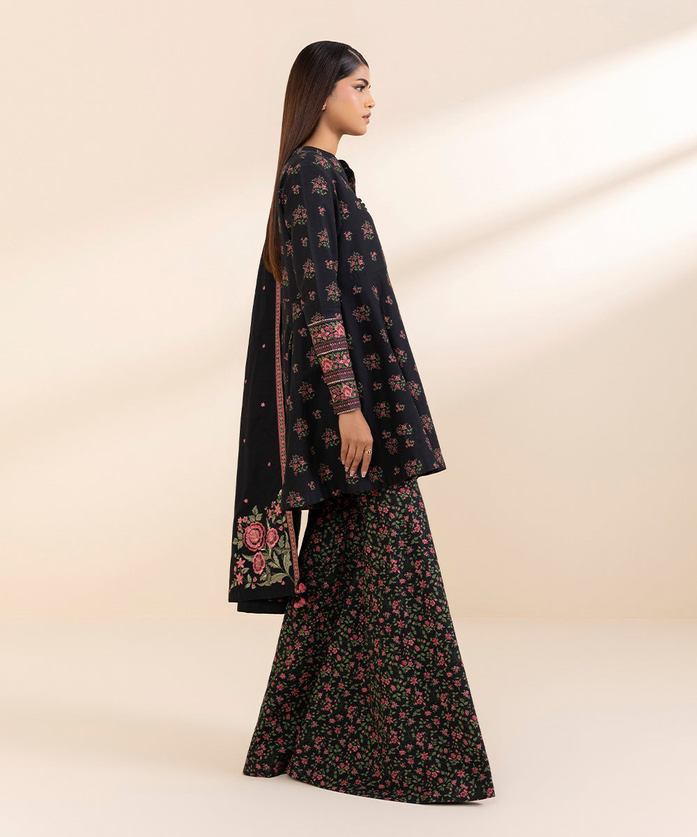 Women's Unstitched Khaddar Embroidered Black 3 Piece Suit