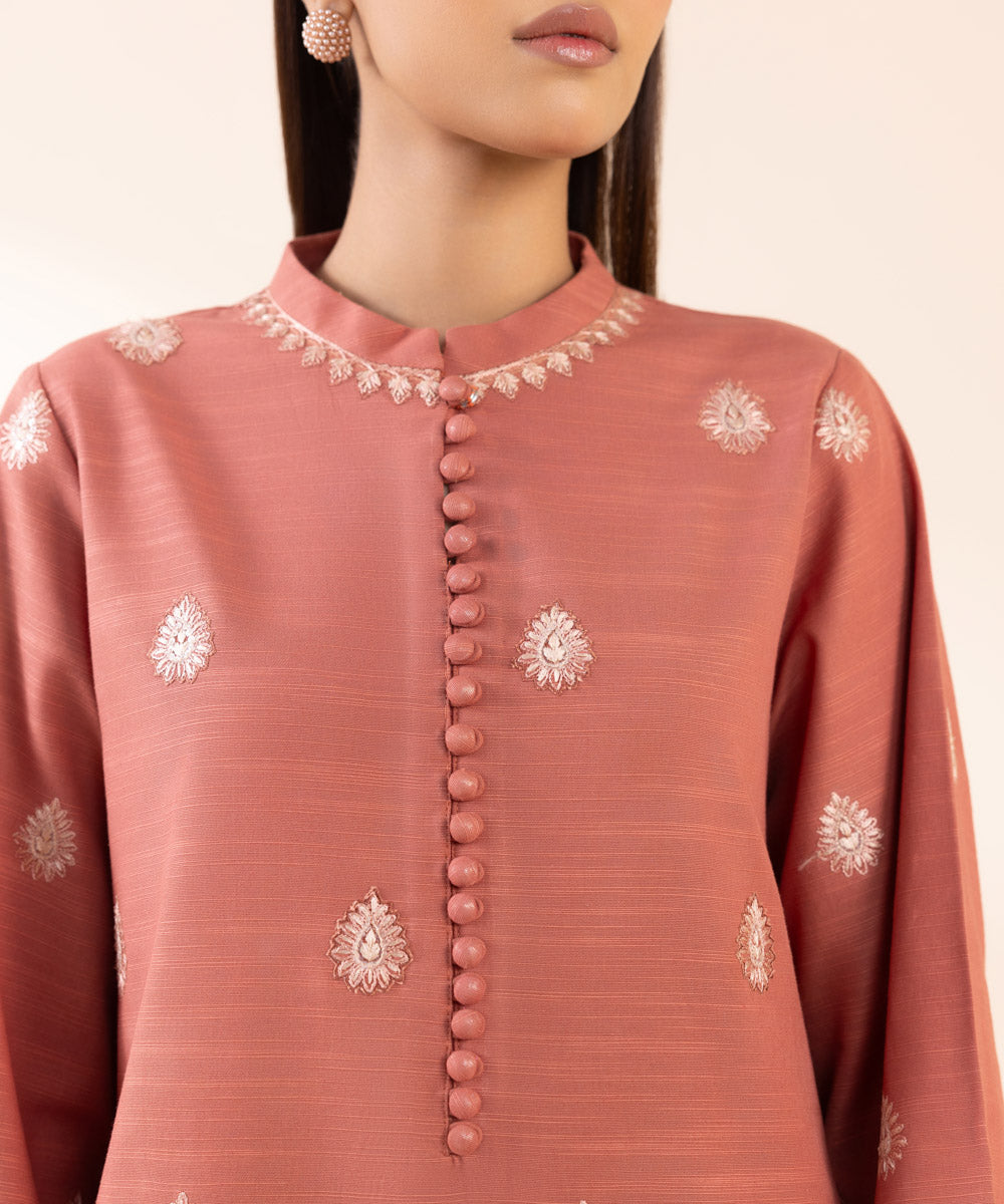 Women's Unstitched Light Khaddar Orange Embroidered 3 Piece Suit