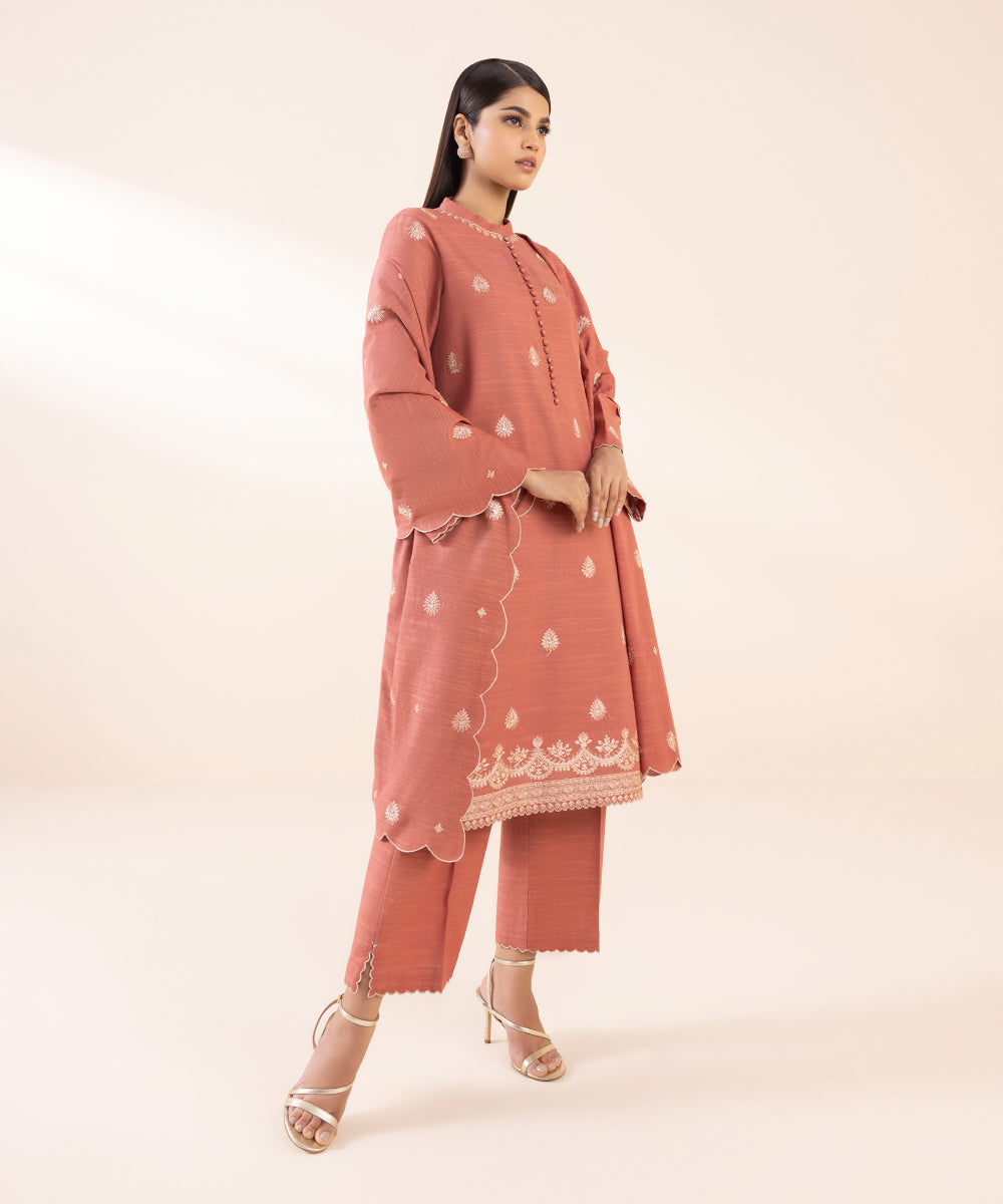 Women's Unstitched Light Khaddar Orange Embroidered 3 Piece Suit