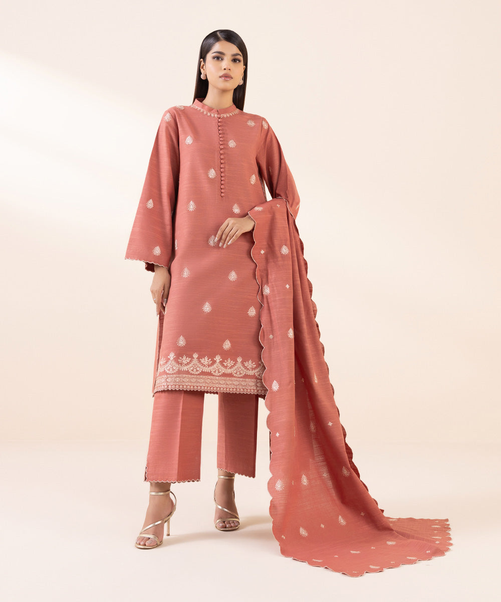 Women's Unstitched Light Khaddar Orange Embroidered 3 Piece Suit