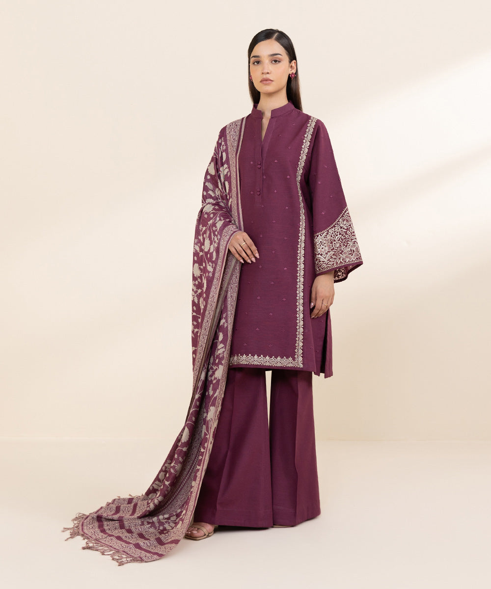 Women's Unstitched Cambric Embroidered Purple 3 Piece Suit