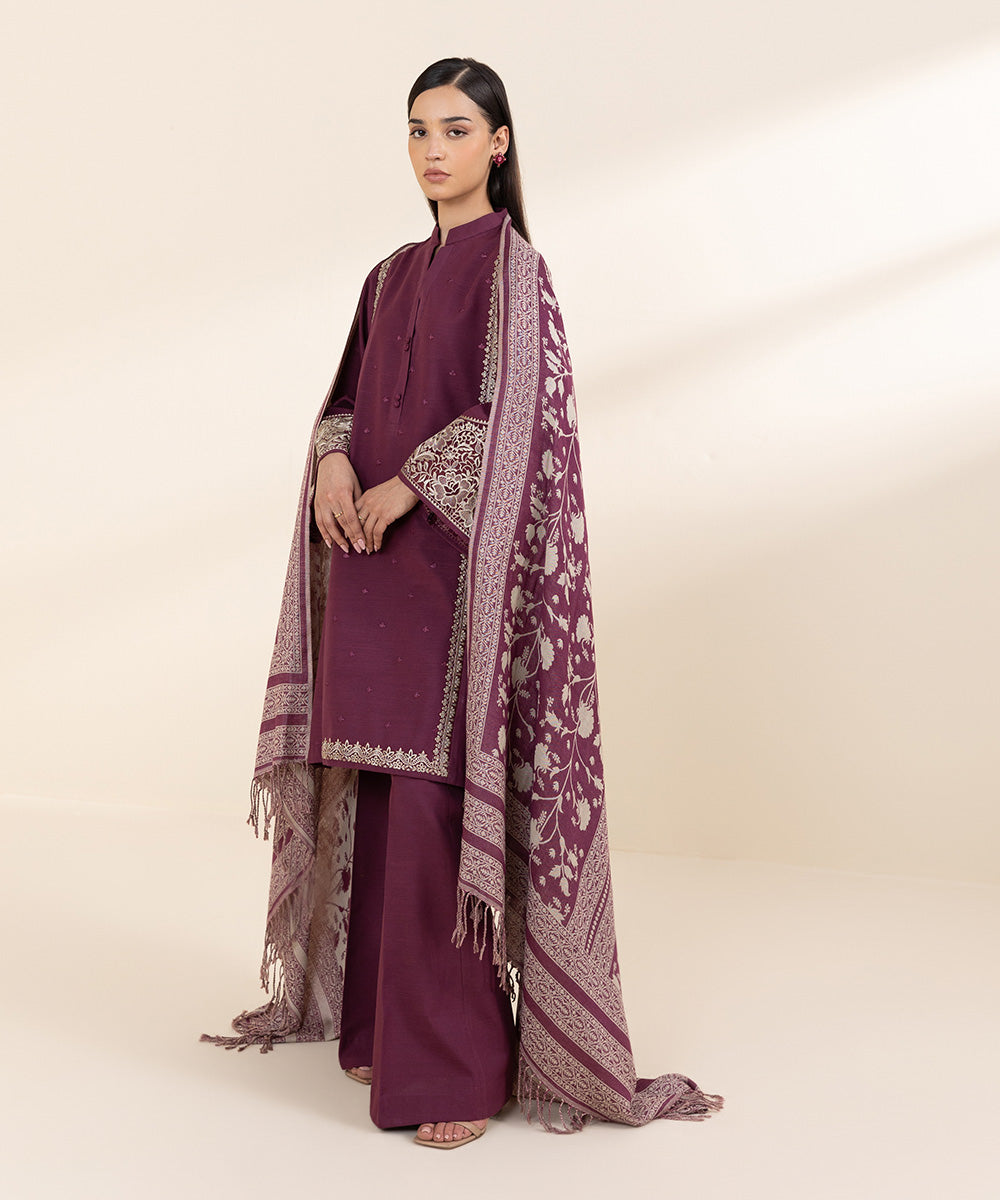 Women's Unstitched Cambric Embroidered Purple 3 Piece Suit